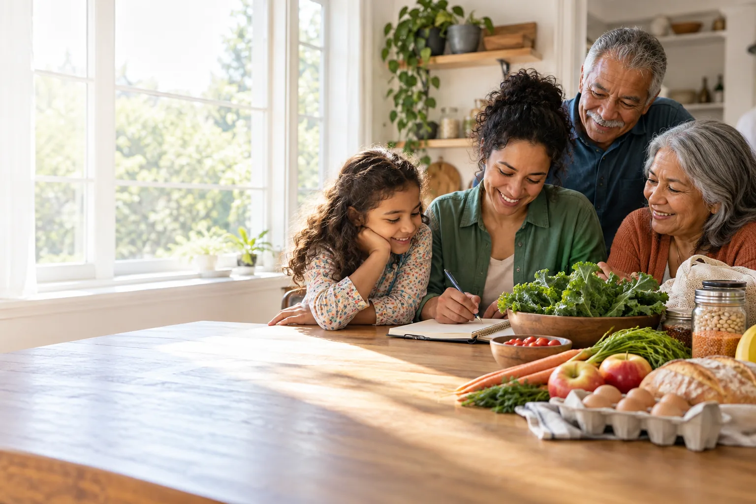 Family planning grocery purchases together at a kitchen table